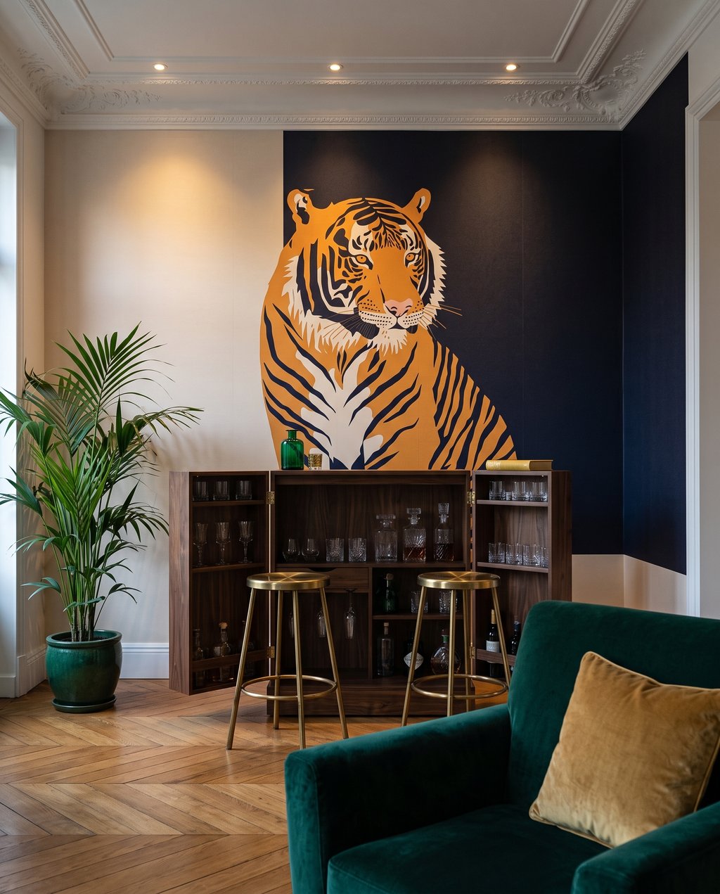 Tigre royal, papier peint panoramique dans un salon : visuel d'ambiance illustratif