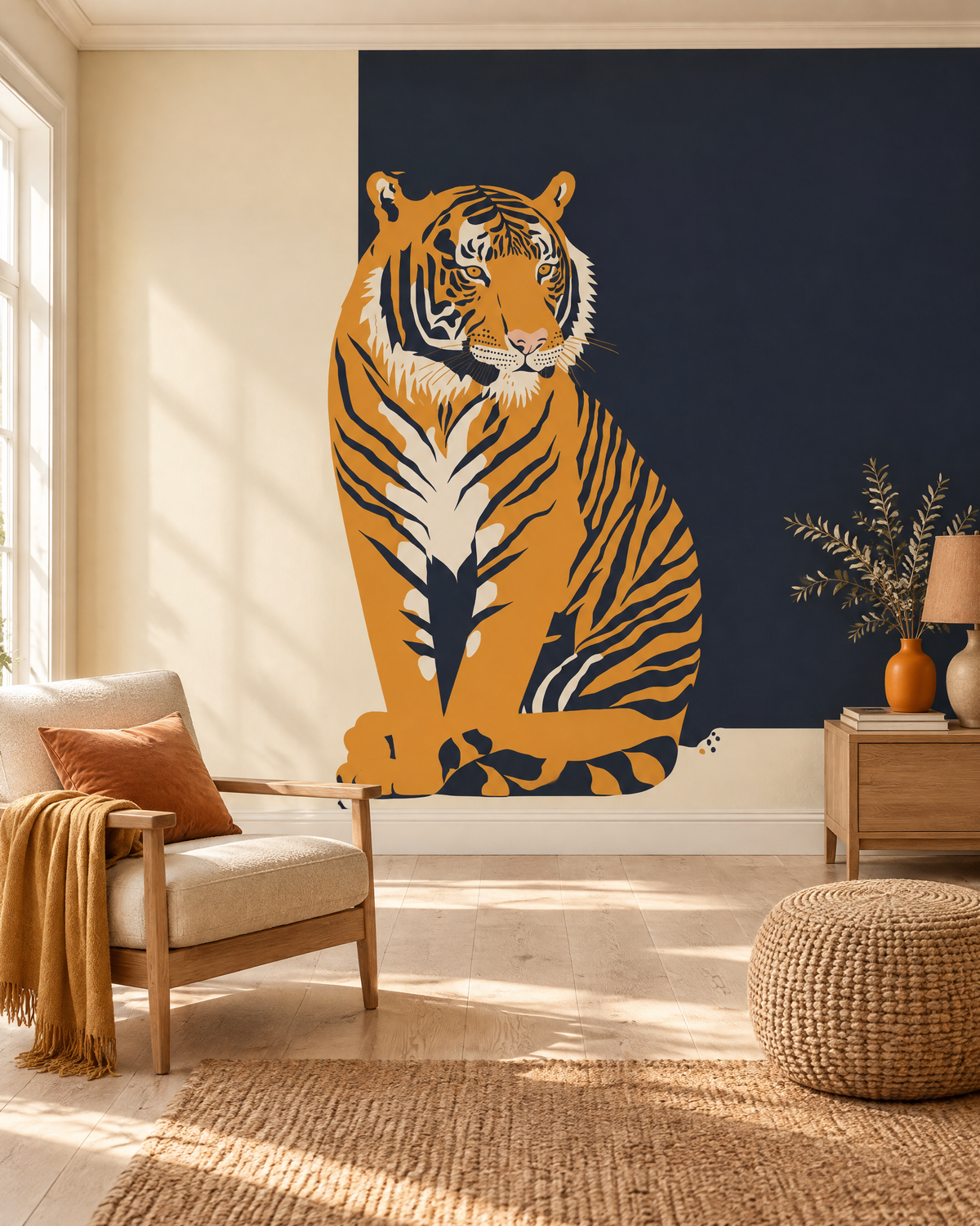 Tigre royal, papier peint panoramique dans un salon : visuel d'ambiance illustratif