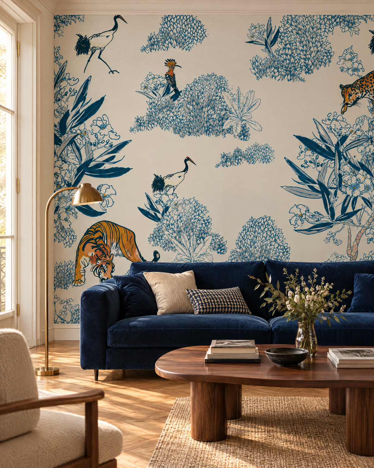 Ménagerie bleue, visuel d'ambiance illustratif du papier peint panoramique