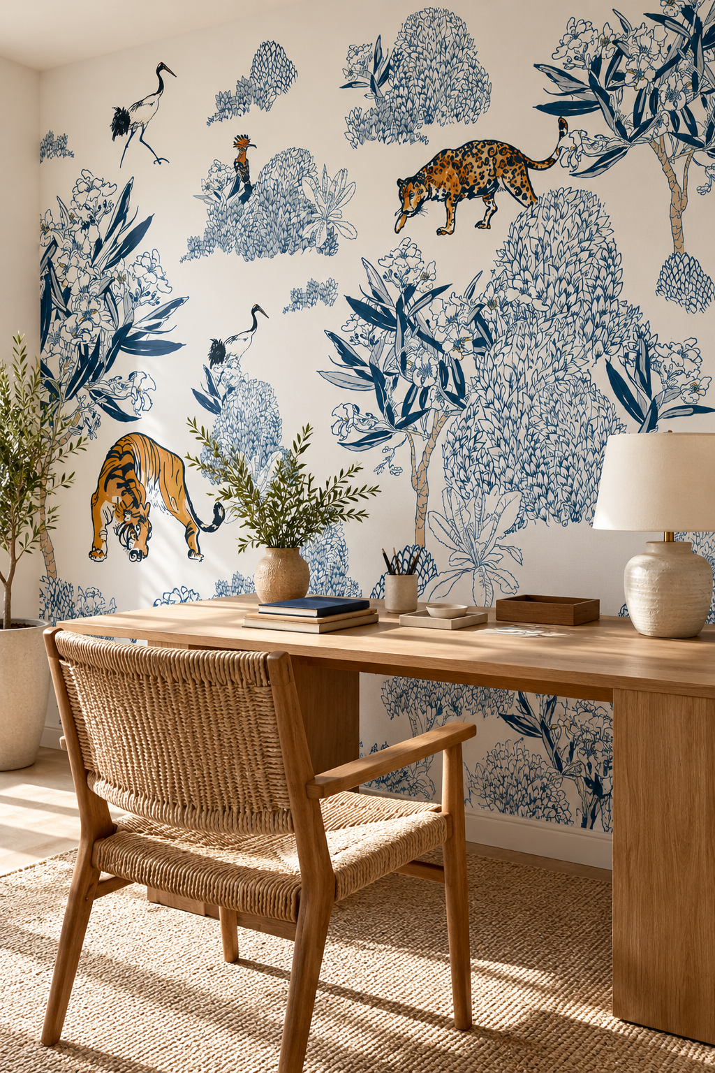 Ménagerie bleue, papier peint panoramique dans un bureau : visuel d'ambiance illustratif
