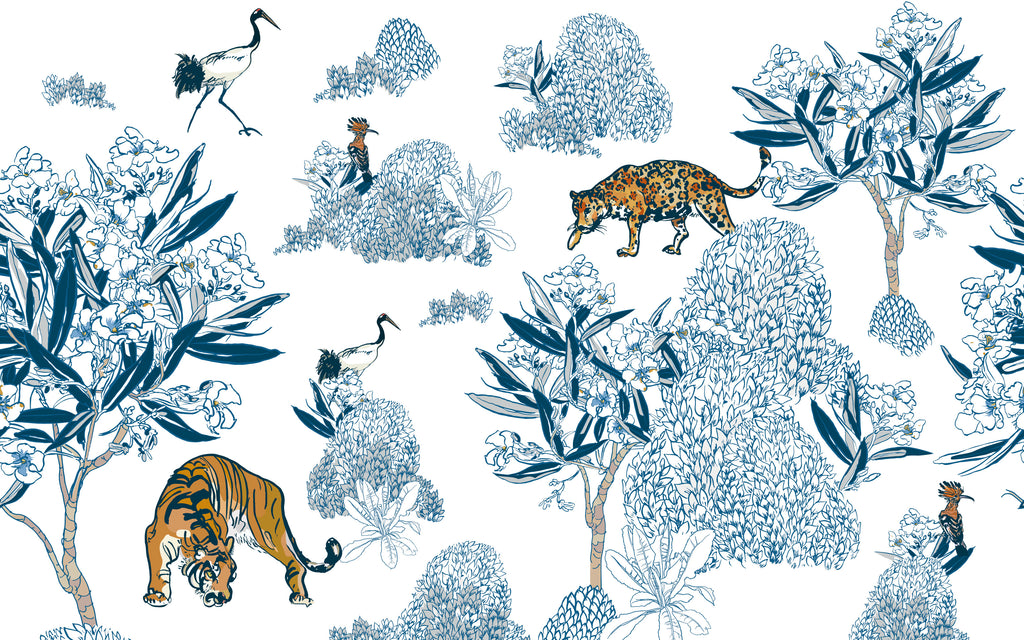 Papier peint panoramique Ménagerie bleue : le décor à plat
