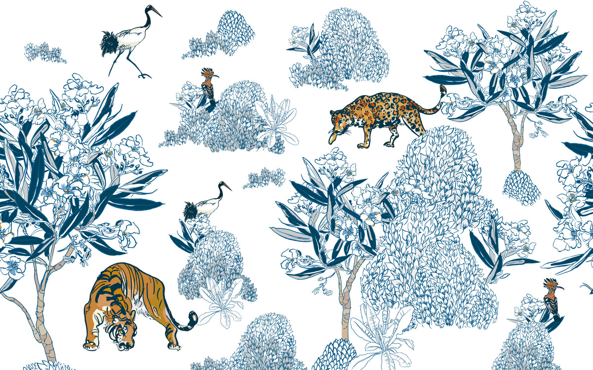 Papier peint panoramique Ménagerie bleue : le décor à plat