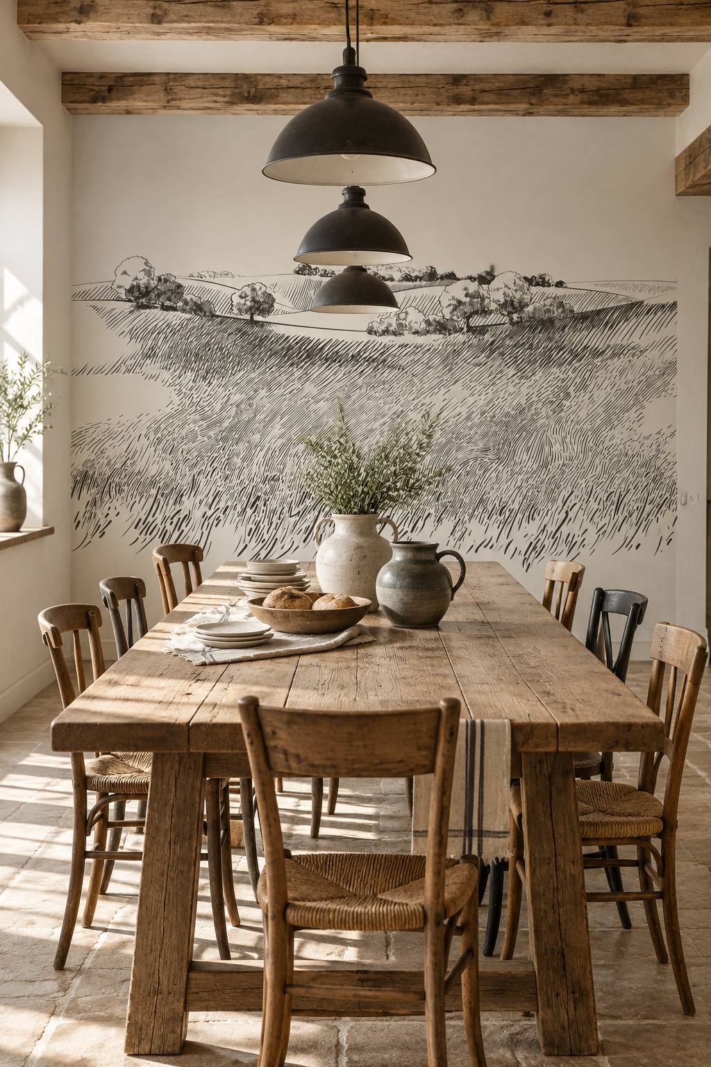 Toile de campagne, papier peint panoramique dans une salle à manger : visuel d'ambiance illustratif