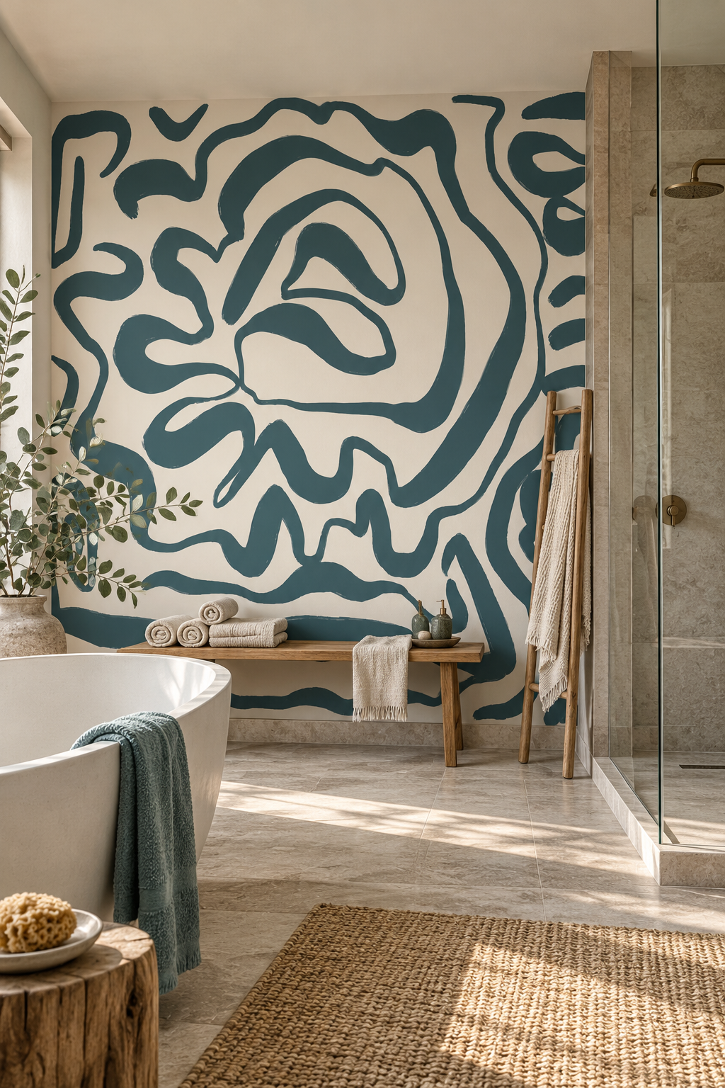Traits fluides gris, papier peint panoramique dans une salle de bain : visuel d'ambiance illustratif