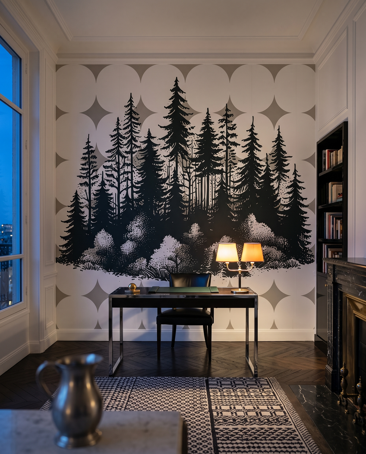 Troncs graphiques, papier peint panoramique dans un bureau : visuel d'ambiance illustratif