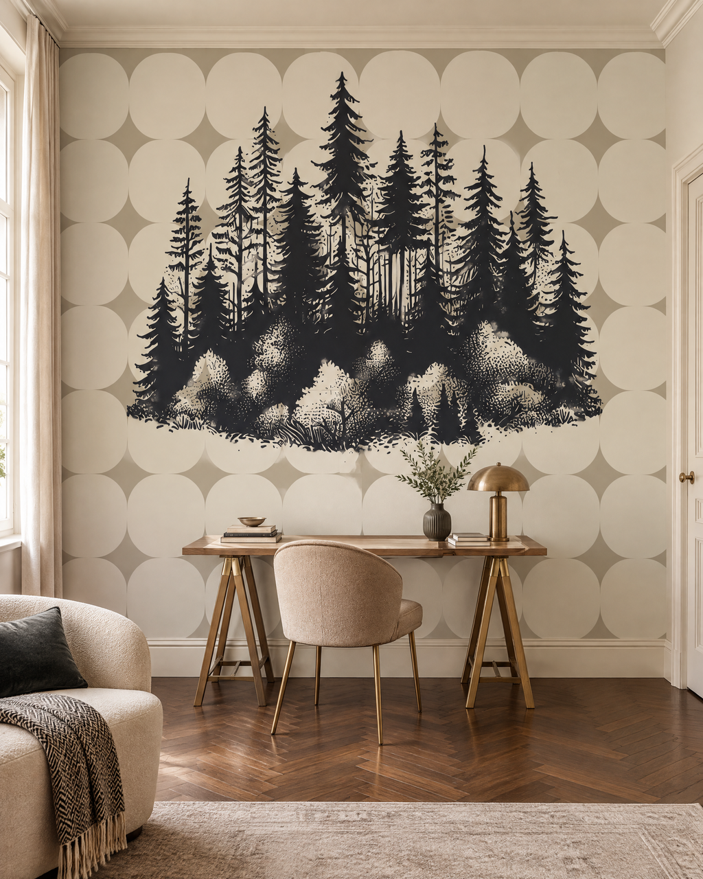 Troncs graphiques, papier peint panoramique dans un bureau : visuel d'ambiance illustratif