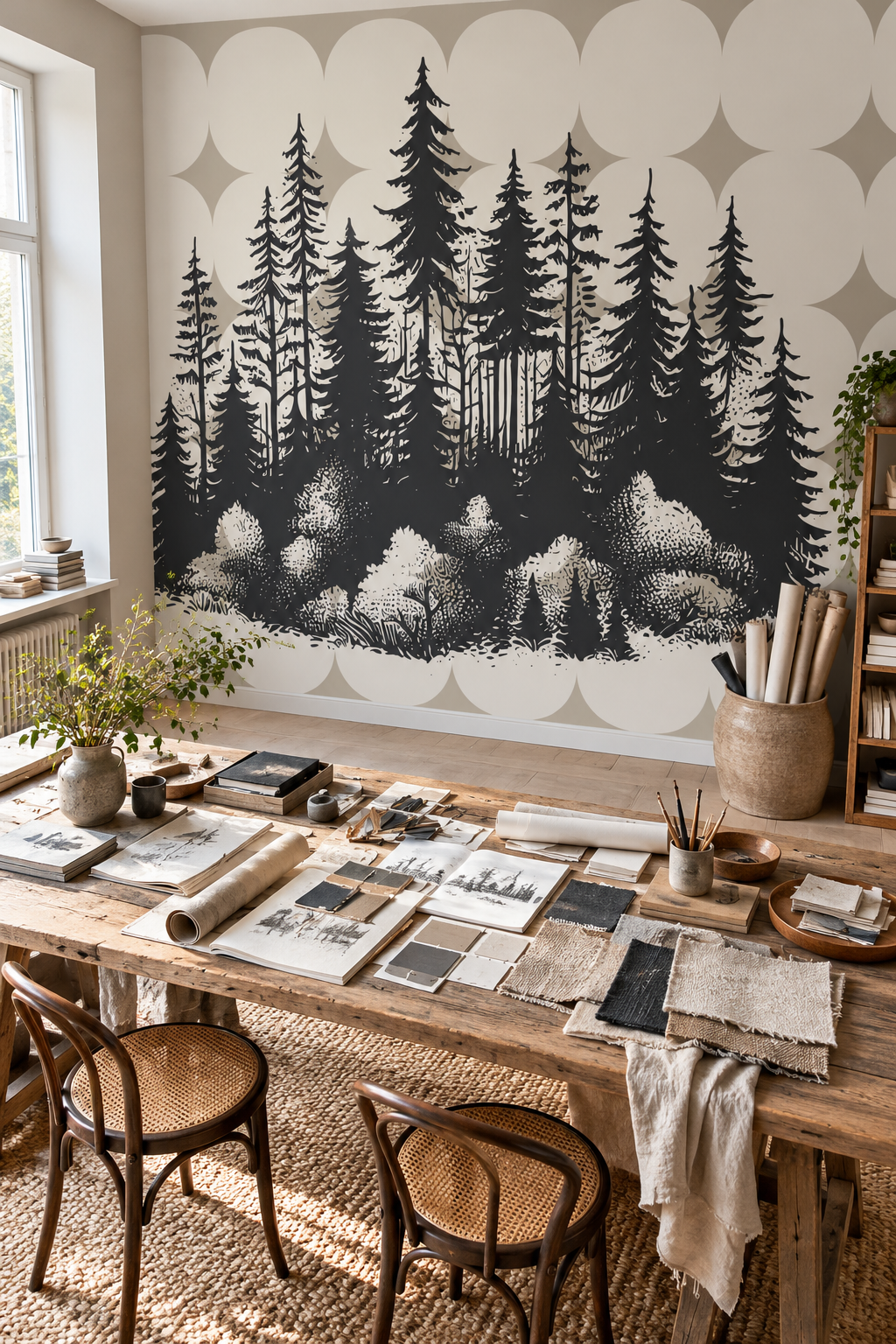 Troncs graphiques, papier peint panoramique dans un bureau : visuel d'ambiance illustratif