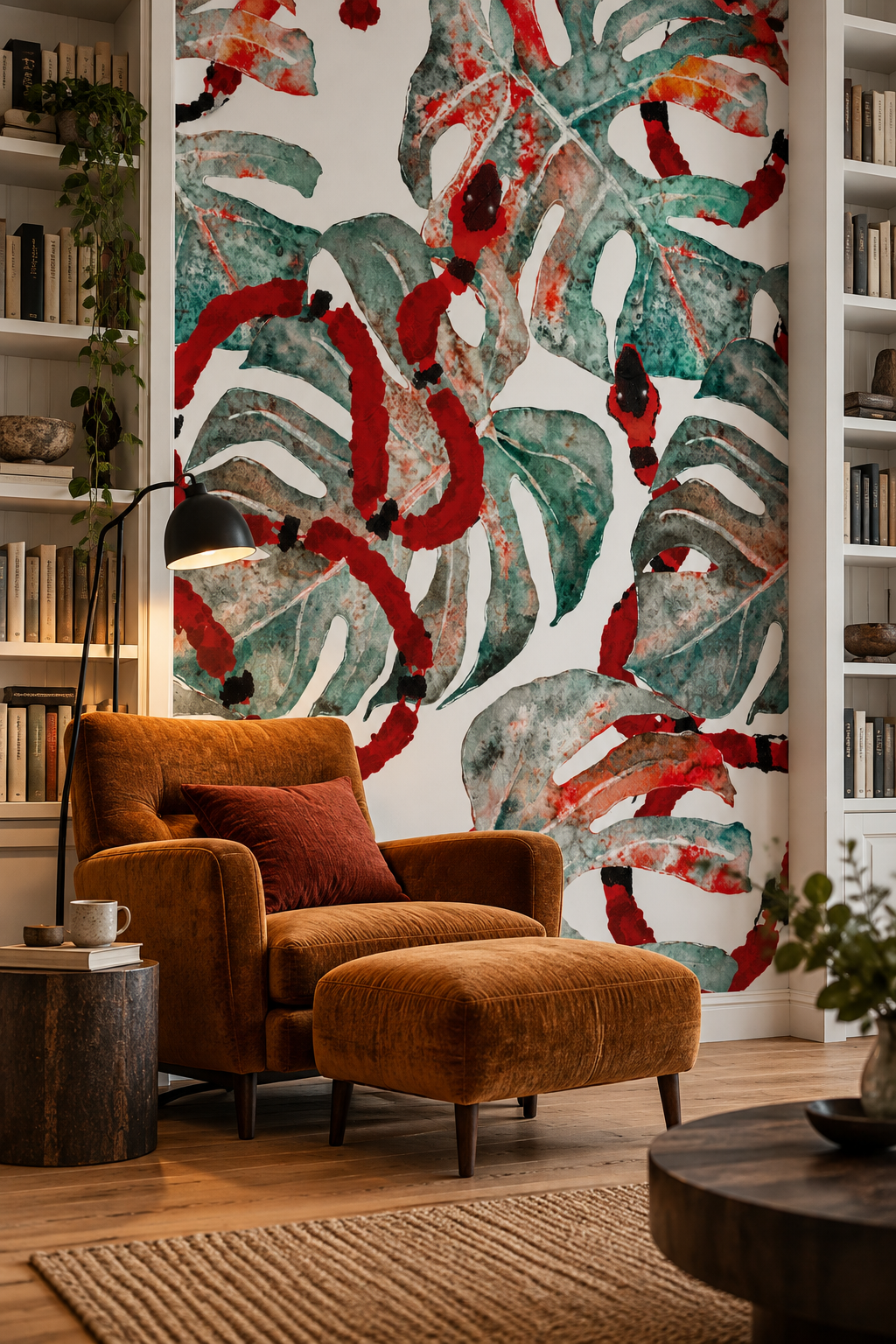 Lianes et serpents, papier peint panoramique dans un salon : visuel d'ambiance illustratif