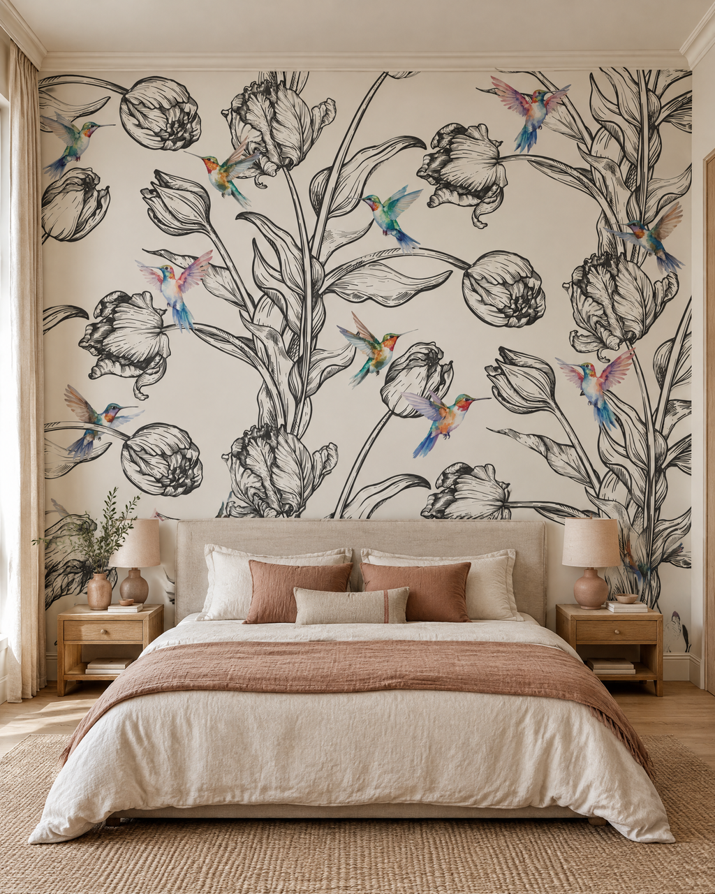 Tulipes et colibris, papier peint panoramique dans une chambre : visuel d'ambiance illustratif