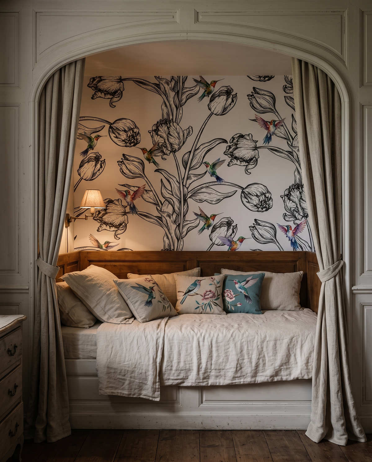 Tulipes et colibris, papier peint panoramique dans une chambre : visuel d'ambiance illustratif