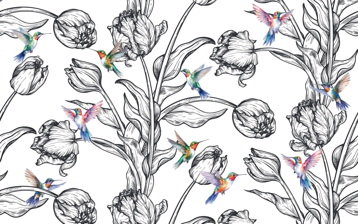 Papier peint panoramique Tulipes et colibris : le décor à plat