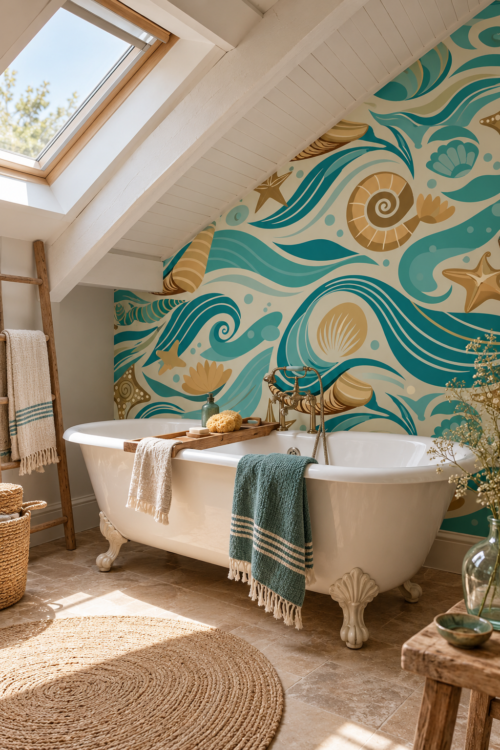 Vagues turquoise, papier peint panoramique dans une salle de bain : visuel d'ambiance illustratif