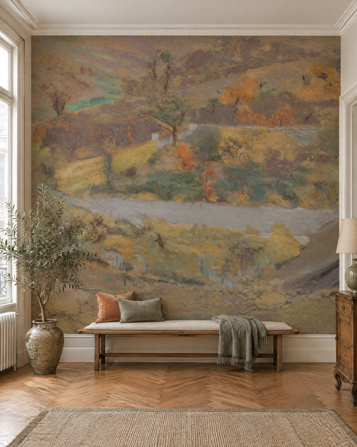 Le Verger, papier peint panoramique dans un salon : visuel d'ambiance illustratif