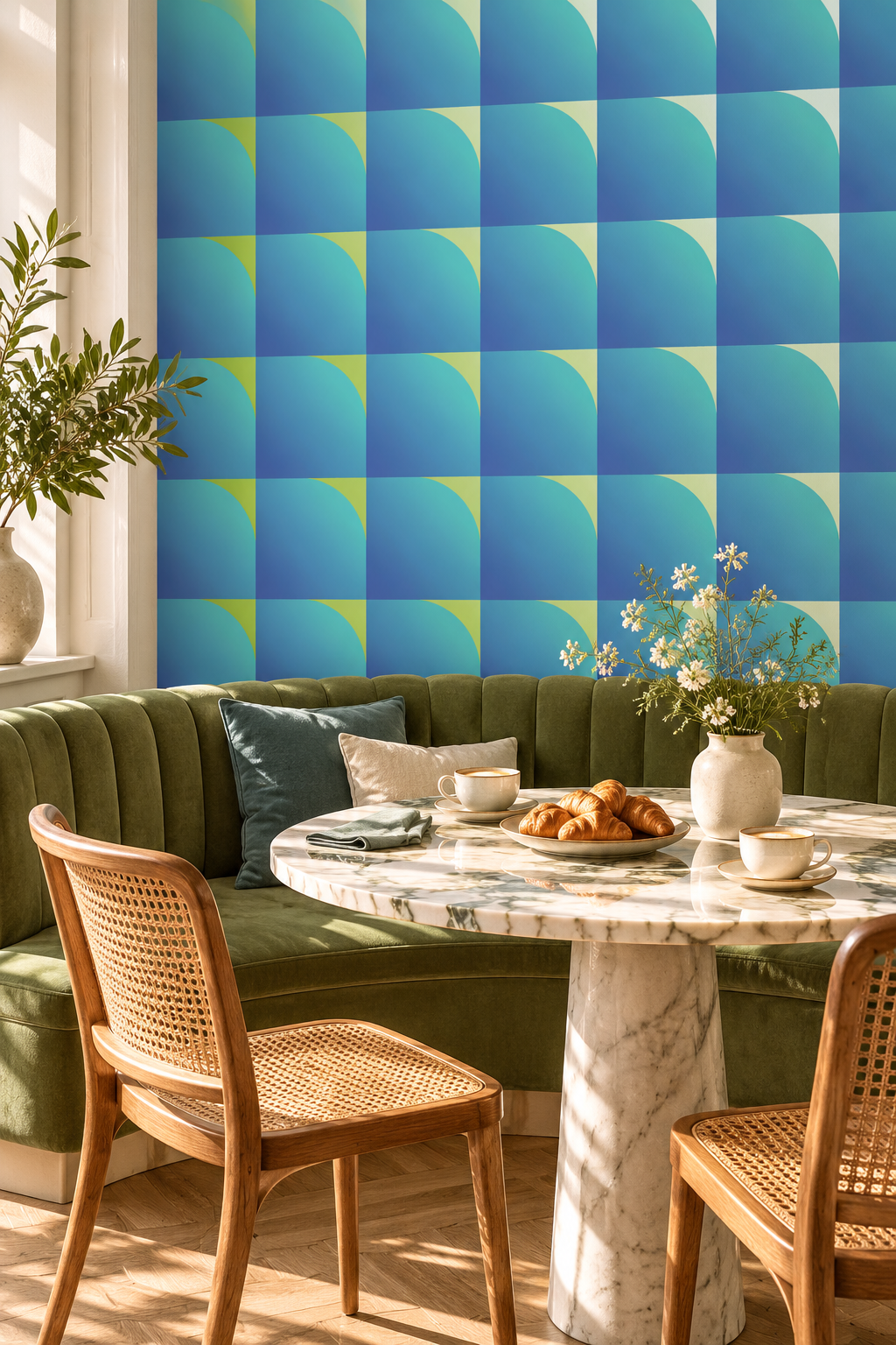 Verticales menthe et marine, papier peint panoramique dans une salle à manger : visuel d'ambiance illustratif