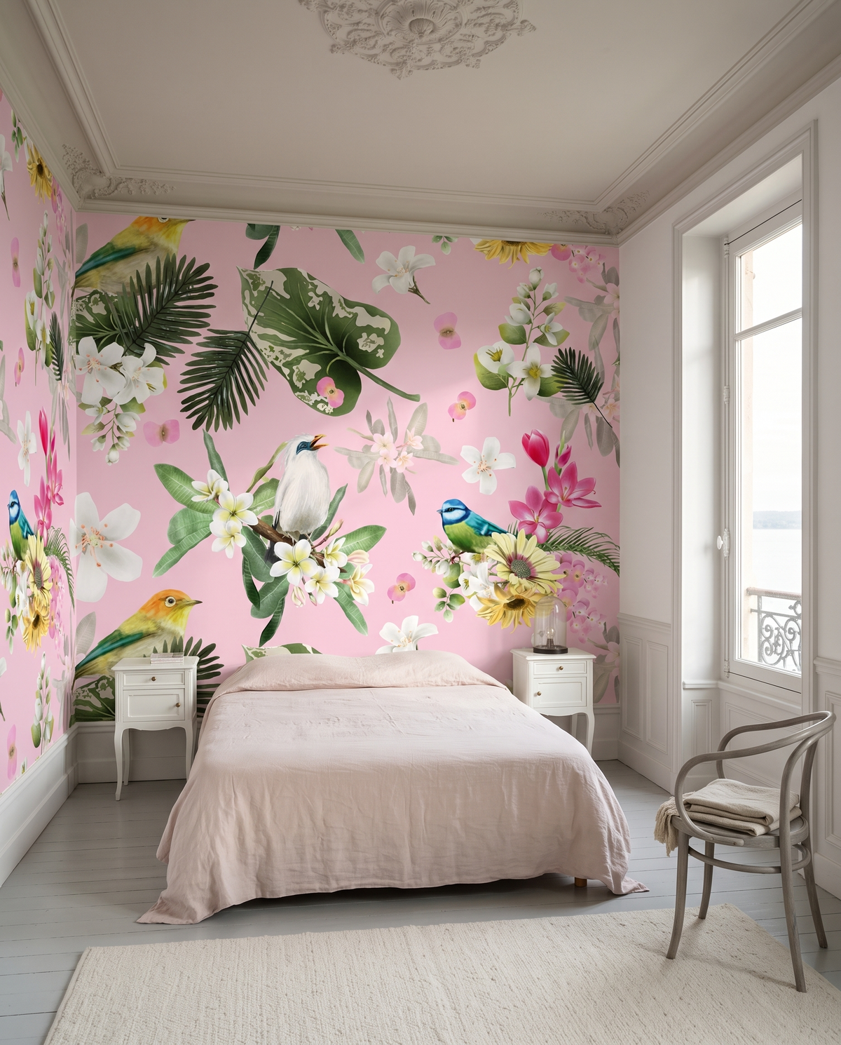 Volière en fleurs, papier peint panoramique dans une chambre : visuel d'ambiance illustratif
