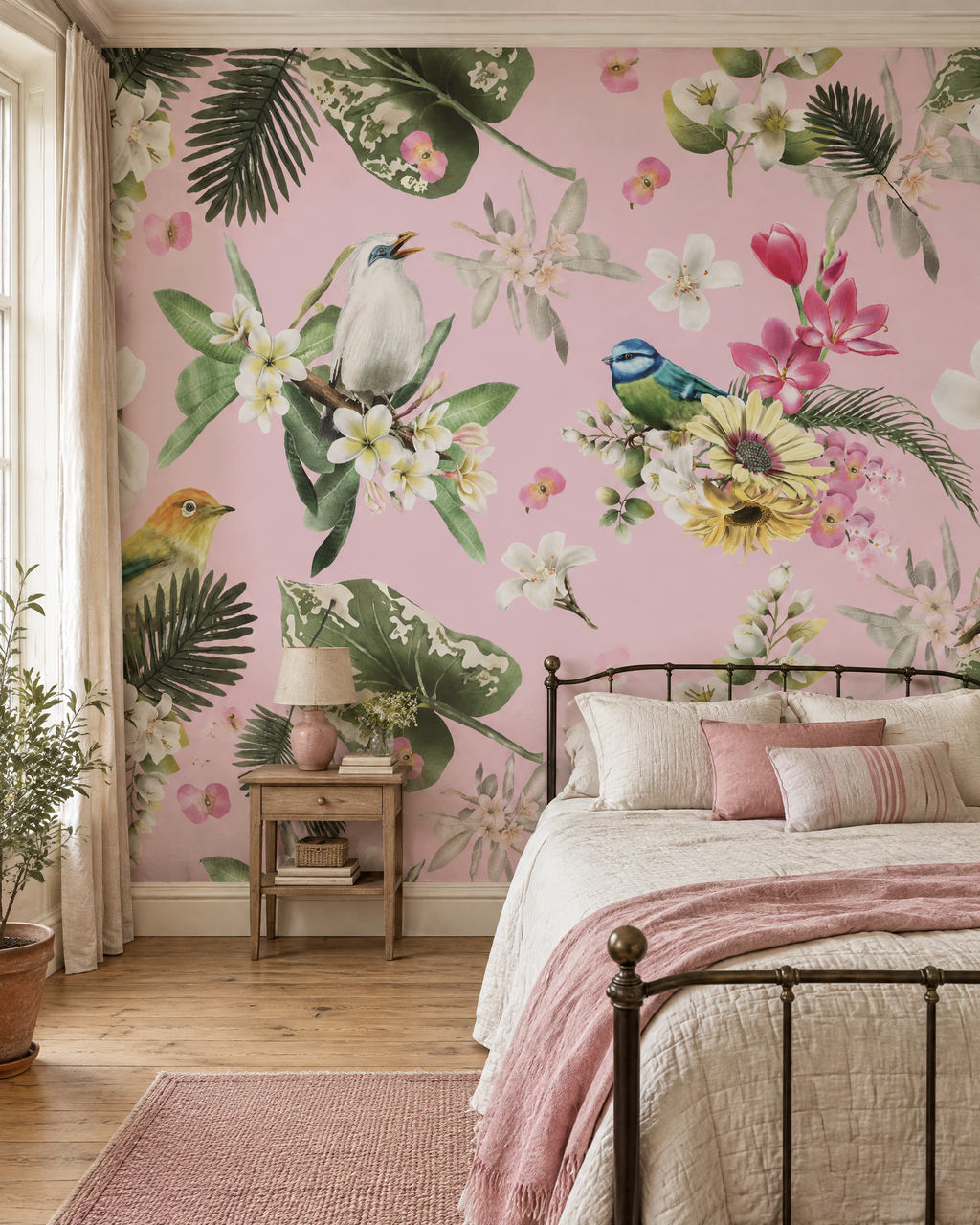 Volière en fleurs, papier peint panoramique dans une chambre : visuel d'ambiance illustratif