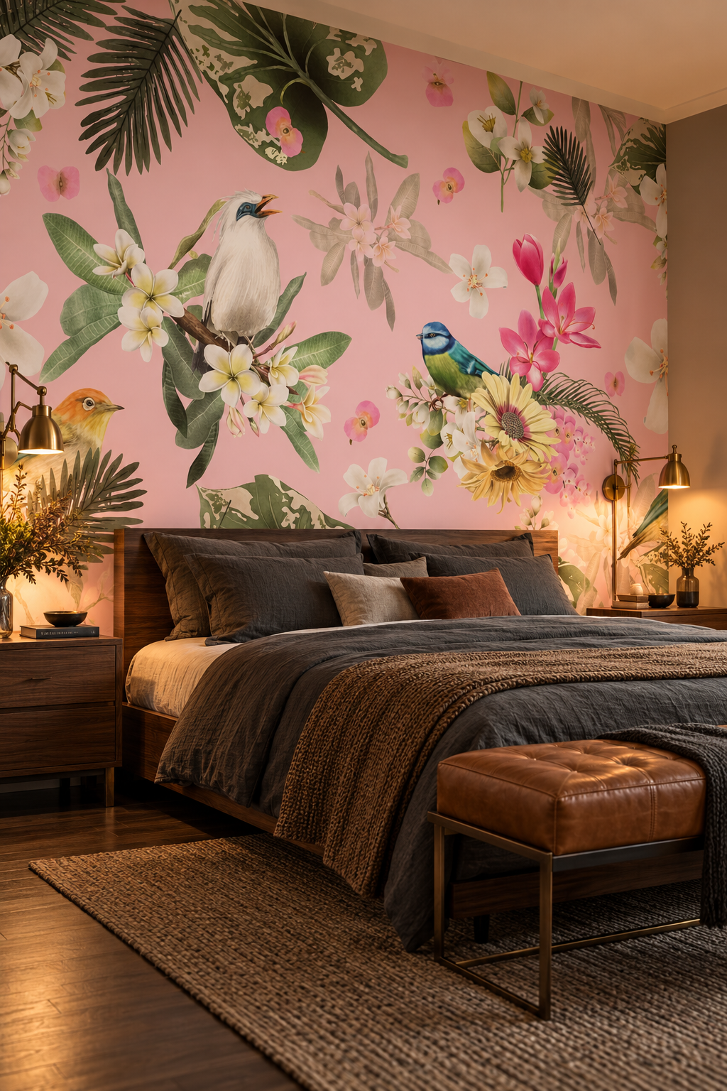 Volière en fleurs, papier peint panoramique dans une chambre : visuel d'ambiance illustratif