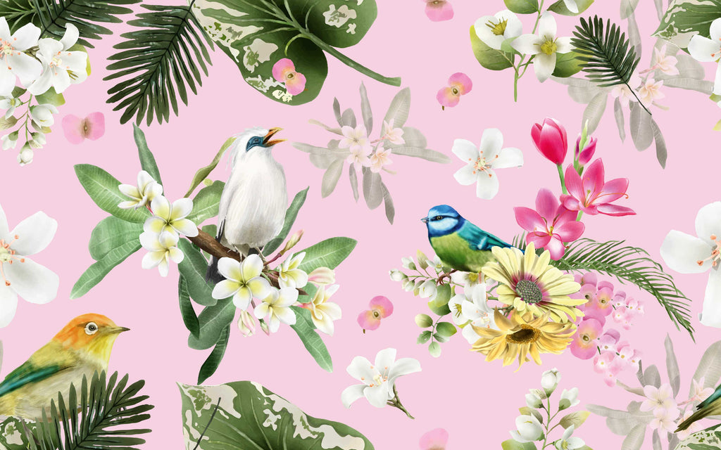 Papier peint panoramique Volière en fleurs : le décor à plat
