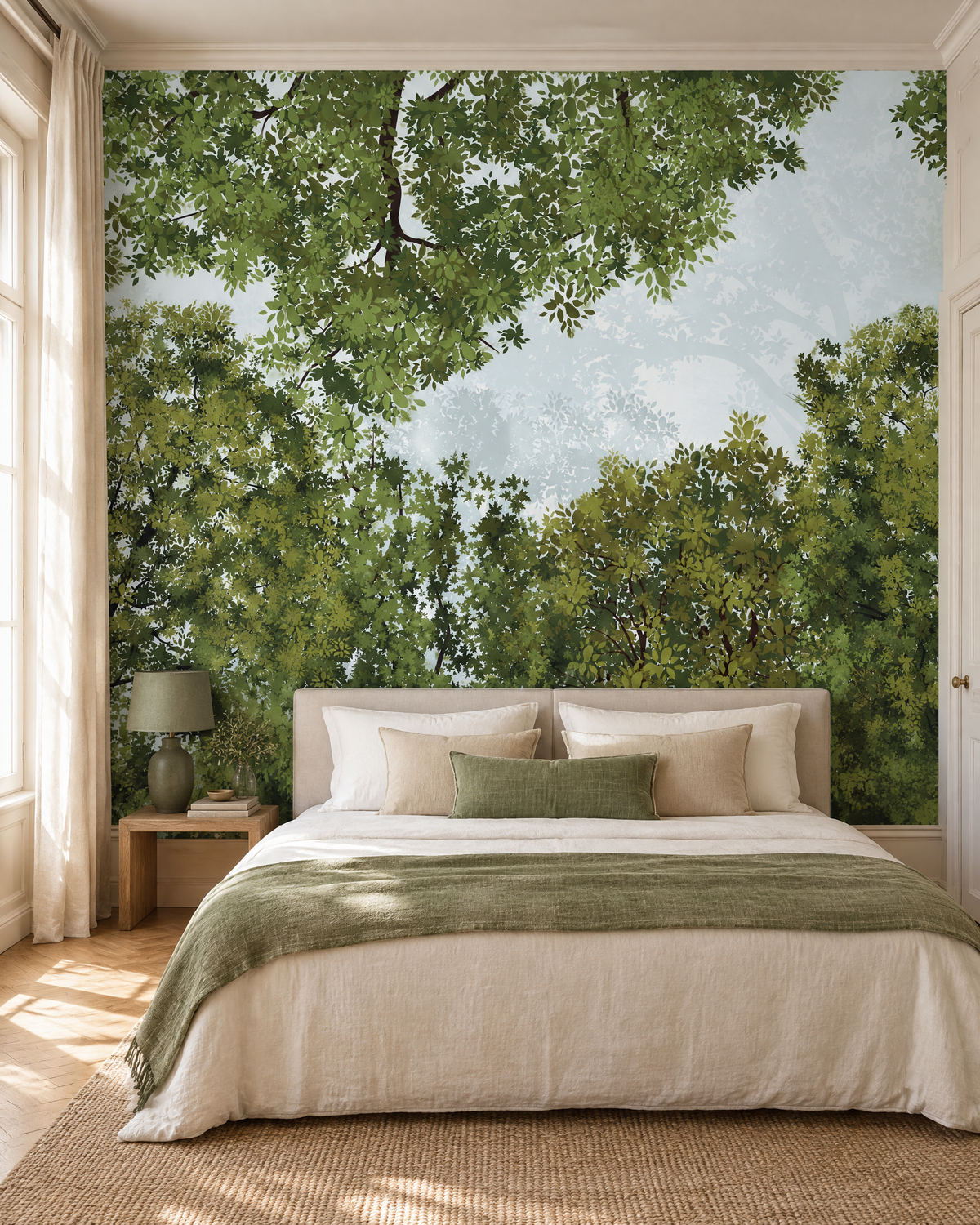 Voûte de feuillages, papier peint panoramique dans une chambre : visuel d'ambiance illustratif